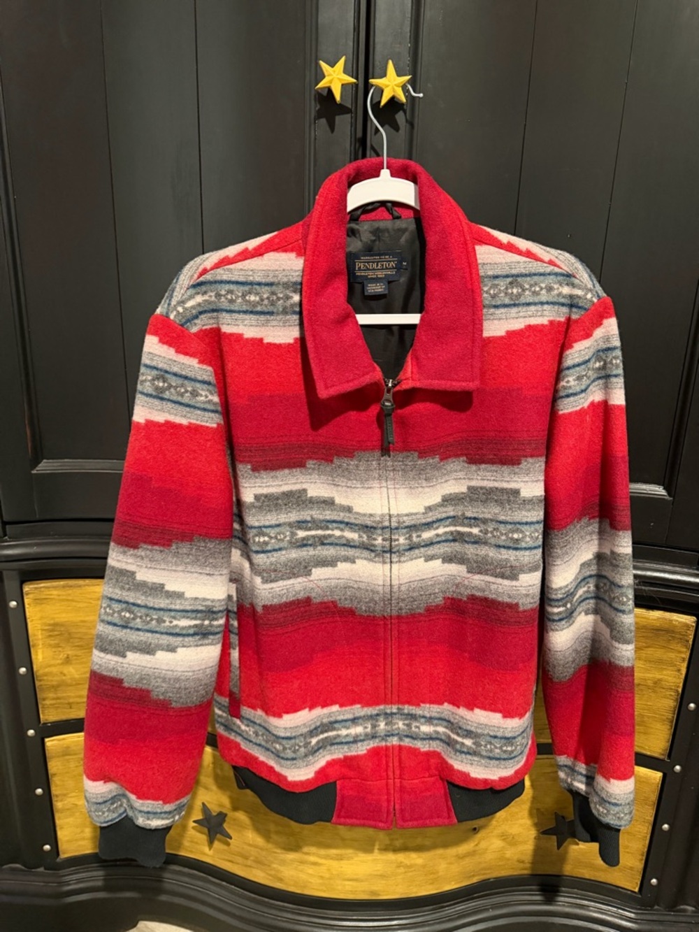 Pendleton Red, Gray and White Striped Wool Zip Jacket